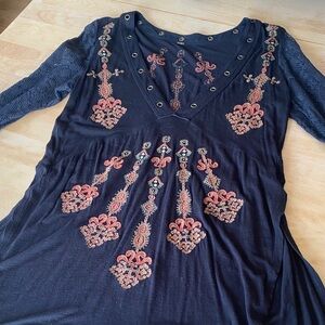 Free People Black Long Sleeve Embroidered Bohemian Dress with Coral Accents